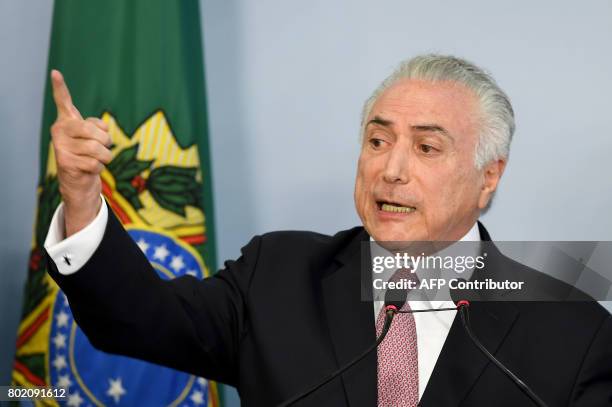 Brazilian President Michel Temer makes a statement rejecting a bribery charge against him, at the Planalto Palace in Brasilia, Brazil, on June 27,...