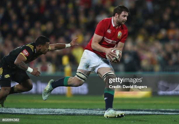 Iain Henderson of the Lions breaks with the ball during the match between the Hurricanes and the British & Irish Lions at Westpac Stadium on June 27,...