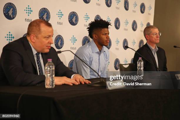 Justin Patton of the Minnesota Timberwolves is introduced to the media by head coach Tom Thibodeau and GM Scott Layden on June 27, 2017 at the...