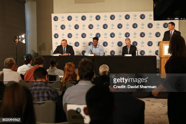 Justin Patton of the Minnesota Timberwolves is introduced to the media by head coach Tom Thibodeau and GM Scott Layden on June 27, 2017 at the...