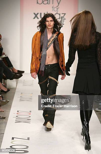 Model walks the runway at the Maggie Barry for Xubaz Fall 2008 fashion show during Mercedes-Benz Fashion Week held at Smashbox Studios on March 11,...