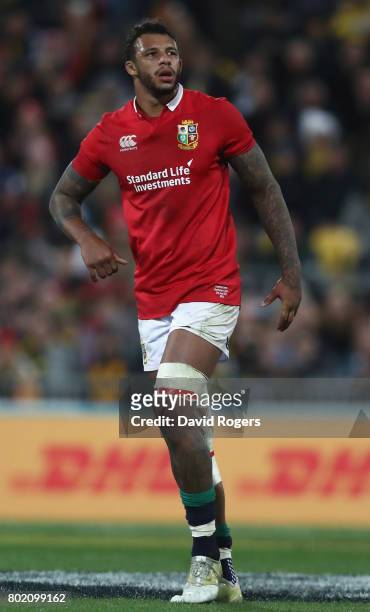 Courtney Lawes of the Lions looks on during the match between the Hurricanes and the British & Irish Lions at Westpac Stadium on June 27, 2017 in...