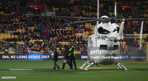 The match ball is delivered by helicopter during the match between the Hurricanes and the British & Irish Lions at Westpac Stadium on June 27, 2017...