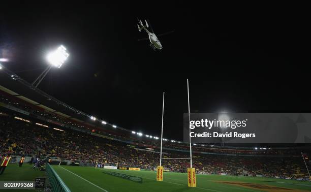 The match ball is delivered by helicopter during the match between the Hurricanes and the British & Irish Lions at Westpac Stadium on June 27, 2017...