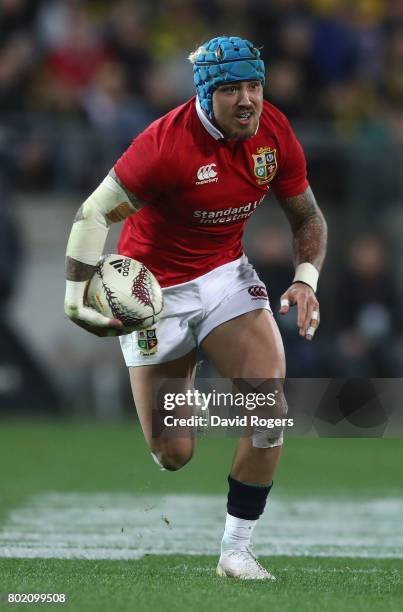 Jack Nowell of the Lions breaks with the ball during the match between the Hurricanes and the British & Irish Lions at Westpac Stadium on June 27,...