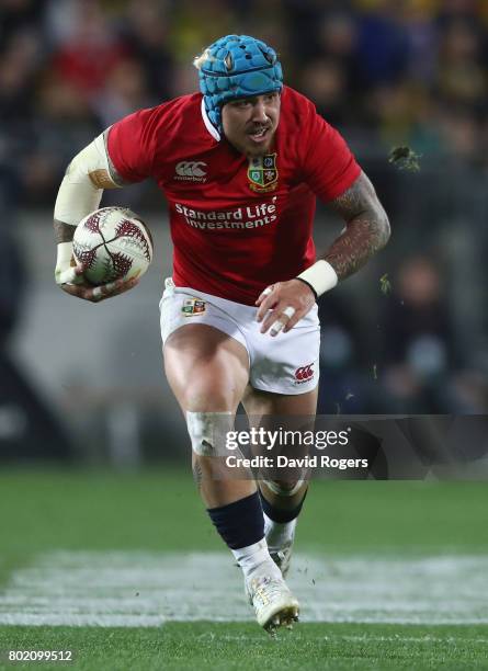 Jack Nowell of the Lions breaks with the ball during the match between the Hurricanes and the British & Irish Lions at Westpac Stadium on June 27,...