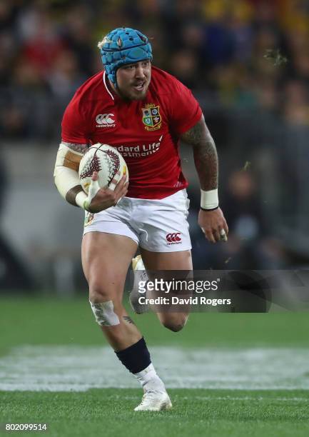 Jack Nowell of the Lions breaks with the ball during the match between the Hurricanes and the British & Irish Lions at Westpac Stadium on June 27,...