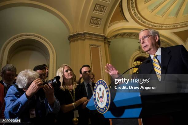 Senate Majority Leader Mitch McConnell speaks during a press conference after a closed-door Senate GOP conference meeting on Capitol Hill, June 27,...