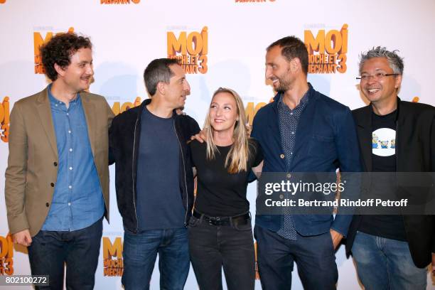 Voices of the movie, David Marsais, Gad Elmaleh, Audrey Lamy, Arie Elmaleh and Co-Director of the movie, Pierre Coffin attend the Despicable Me Paris...