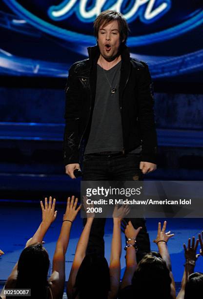 Contestant David Cook performs "Eleanor Rigby" by The Beatles live on American Idol March 11, 2008 in Los Angeles, California. The top 12 contestants...