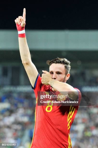 Saul Niguez of Spain celebrates scoring his sides first goal during the UEFA European Under-21 Championship Semi Final match between Spain and Italy...