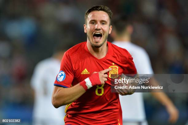 Saul Niguez of Spain celebrates scoring his sides first goal during the UEFA European Under-21 Championship Semi Final match between Spain and Italy...