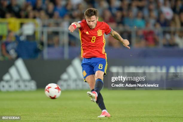 Saul Niguez of Spain scores his sides second goal during the UEFA European Under-21 Championship Semi Final match between Spain and Italy at Krakow...