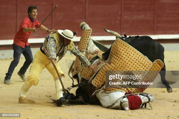 The horse of a picador falls after being hit by a bull during a bullfight at the "Coliseum Burgos" bullring in Burgos on June 27, 2017. / AFP PHOTO /...