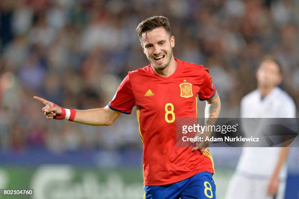 Saul Niguez of Spain celebrates scoring his sides third goal during the UEFA European Under-21 Championship Semi Final match between Spain and Italy...