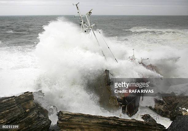 Waves crash against the Maro which was smashed into 3 pieces due to heavy storms in the Bay of Biscay on March 11 close to Hondarribia. The Maro,...