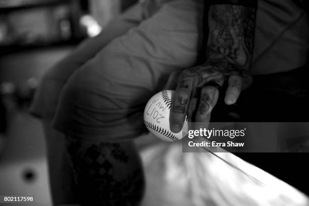 Branden Terrel holds the game ball that was awarded to him for being the MVP of their game against the Sonoma Stompers on June 8, 2017 in San...