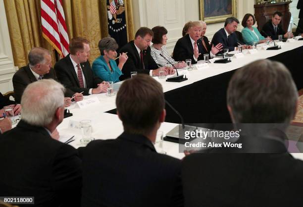 President Donald Trump speaks during a meeting with Senate Republicans at the East Room of the White House June 27, 2017 in Washington, DC. President...