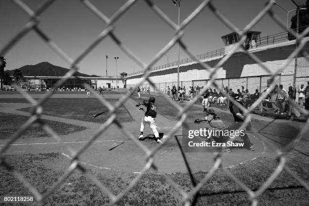 Branden Terrel hits against Club Mexico on April 29, 2017 in San Quentin, California. Branden Terrel was sentenced to 11 years in state prison for...