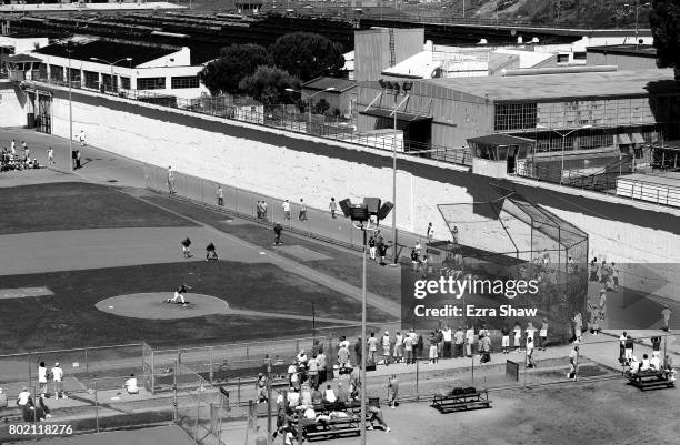 General view of the San Quentin Athletics playing against Club Mexcio on April 29, 2017 in San Quentin, California. Branden Terrel was sentenced to...