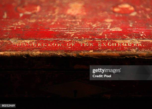 The Budget box or 'Gladstone box' sits in the Chancellor's study prior to British Chancellor of the Exchequer, Alistair Darling, giving his first...