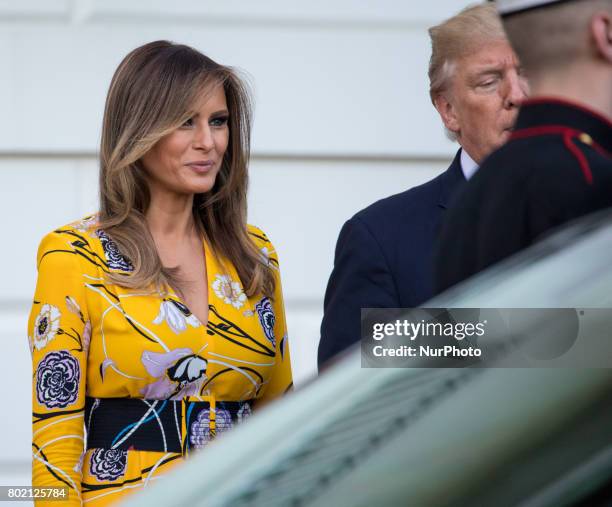 President Donald Trump and First Lady Melania Trump, bid goodbye to Prime Minister Narendra Modi of India, as he left the South Portico of the White...
