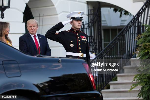 President Donald Trump and First Lady Melania Trump, bid goodbye to Prime Minister Narendra Modi of India, as he left the South Portico of the White...