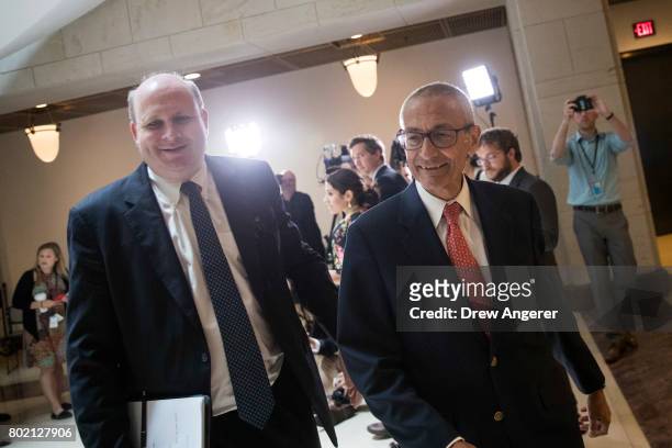 Former Hillary Clinton Campaign Chairman John Podesta exits after meeting with the House Intelligence Committee on Capitol Hill, June 27, 2017 in...