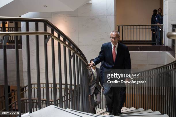 Former Hillary Clinton Campaign Chairman John Podesta exits after meeting with the House Intelligence Committee on Capitol Hill, June 27, 2017 in...