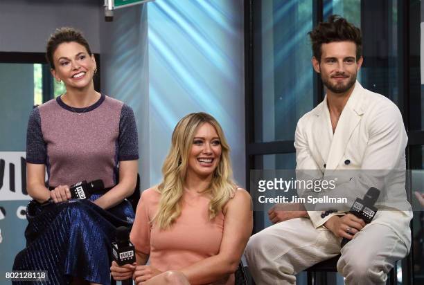 Actors Sutton Foster, Hilary Duff and Nico Tortorella attend Build to discuss "Younger" at Build Studio on June 27, 2017 in New York City.