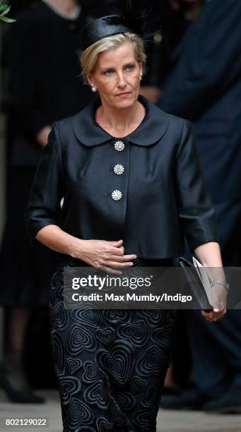 Sophie, Countess of Wessex attends the funeral of Patricia Knatchbull, Countess Mountbatten of Burma at St Paul's Church Knightsbridge on June 27,...