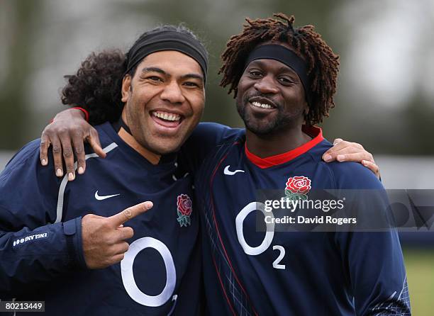 Lesley Vainikolo poses with team mate Paul Sackey during the England training session held at Bath University on March 12, 2008 in Bath, England.