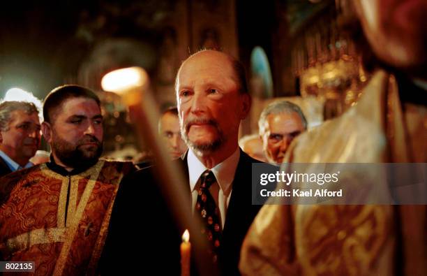 Exiled Bulgarian king Tsar Simeon attends Easter mass April 15, 2001 at Alexander Nevski Cathedral in Sofia, Bulgaria. The king, who was forced into...