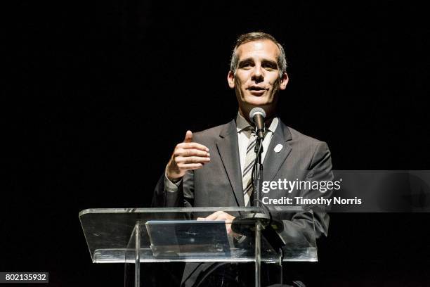 Los Angeles mayor Eric Garcetti speaks during Climate Day LA at The Theatre at Ace Hotel on June 27, 2017 in Los Angeles, California.