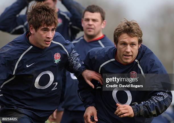 Jonny Wilkinson, races for the ball against Danny Cipriani during the England training session held at Bath University on March 12, 2008 in Bath,...