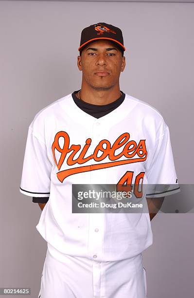 Daniel Cabrera of the Baltimore Orioles poses for a portrait during photo day at Ft Lauderdale Stadium on February 25, 2008 in Ft. Lauderdale,...