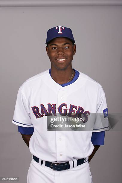 John Mayberry Jr. Of the Texas Rangers poses for a portrait during photo day at Surprise Stadium on February 24, 2008 in Surprise, Arizona.