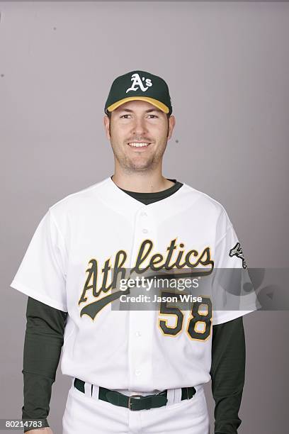 Justin Duchscherer of the Oakland Athletics poses for a portrait during photo day at Phoenix Municipal Stadium on February 25, 2008 in Phoenix,...