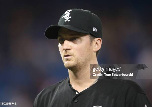 Jake Petricka of the Chicago White Sox exits the game as he is relieved in the ninth inning during MLB game action against the Toronto Blue Jays at...