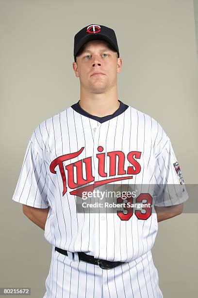 Justin Morneau of the Minnesota Twins poses for a portrait during photo day at Hammond Stadium on February 25, 2008 in Ft. Myers, Florida.