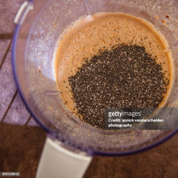 chia seeds in container of blender. - schleimschicht stock-fotos und bilder