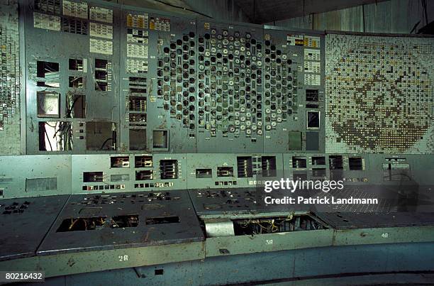 The control panel of reactor unit 4, seen here on June 1, 2006 inside the Chernobyl exclusion zone and nuclear power plant, Ukraine. Reactor unit 4...