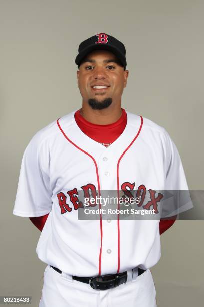 Manny Delcarmen of the Boston Red Sox poses for a portrait during photo day at City of Palms Park on February 24, 2008 in Ft. Myers, Florida.