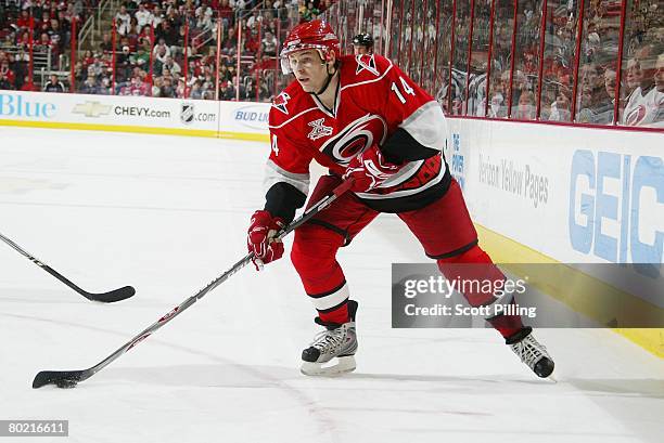 Sergei Samsonov of the Carolina Hurricanes skates with the puck during their game against the Buffalo Sabres at RBC Center in Raleigh, North Carolina...