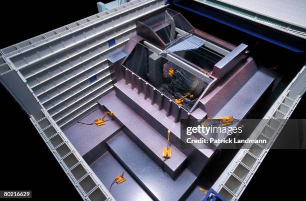 Scale model of a huge shelter, which would allow protection of the exploded reactor, and its first shelter, for centuries, June 1, 2000 in Chernobyl,...