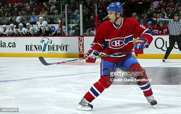 Mike Komisarek of the Montreal Canadiens skates against the Pittsburgh Penguins during their NHL game at the Bell Centre on February 21, 2008 in...