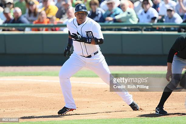 Miguel Cabrera of the Detroit Tigers runs during the game against the Pittsburgh Pirates at the Joker Marchant Stadium in Lakeland, Florida on March...