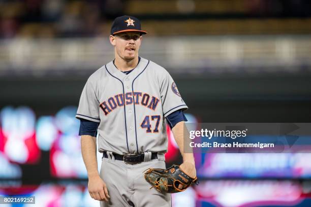 Chris Devenski of the Houston Astros pitches against the Minnesota Twins on May 30, 2017 at Target Field in Minneapolis, Minnesota. The Astros...