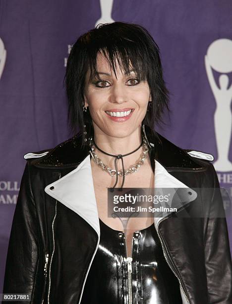 Musican Joan Jett poses in the press room during the 23rd Annual Rock and Roll Hall of Fame Induction Ceremony at the Waldorf Astoria on March 10,...