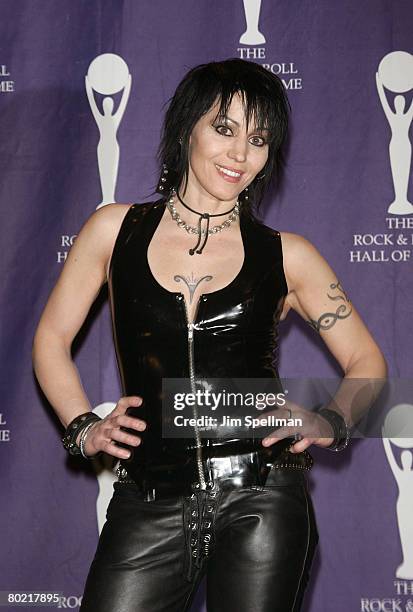 Musican Joan Jett poses in the press room during the 23rd Annual Rock and Roll Hall of Fame Induction Ceremony at the Waldorf Astoria on March 10,...